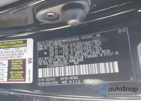 2012 Toyota Venza Le from USA, damaged, VIN 4T3ZA3BB8CU062377